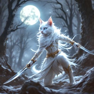 The primary subject of the image is a white cat with blue eyes, dressed in a white and gold outfit, and holding a sword. The cat is standing in a forest, surrounded by trees and a moon in the background. The visual style of the image is digital art, and the colors and mood are predominantly white and gold, with a touch of blue from the cat's eyes.